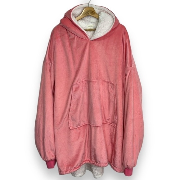 Oversized Blanket Sweatshirt Hoodie Pink Velvet and White Faux Sherpa OSFM - Picture 1 of 16